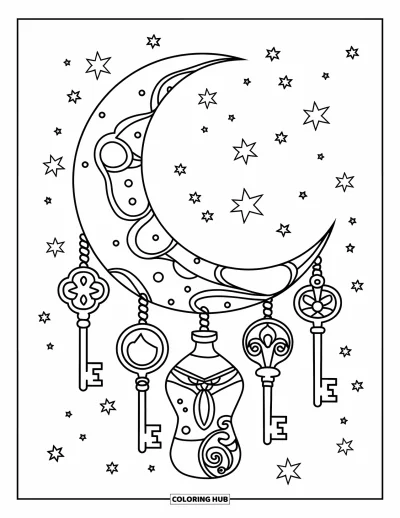 Dibujo de magia para colorear para niños: Una luna creciente rodeada de estrellas con pociones colgantes y llaves encantadas