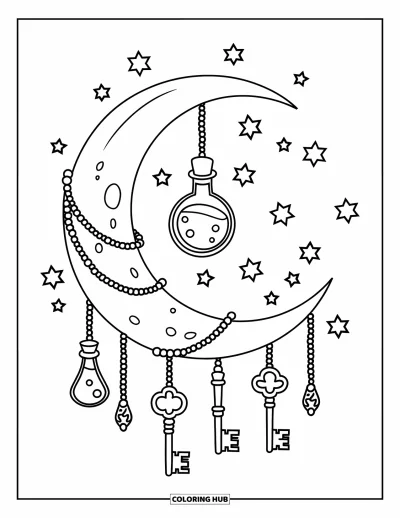 Dibujo de magia para colorear para niños: Una luna creciente con frascos de poción colgantes, llaves encantadas y estrellas flotantes