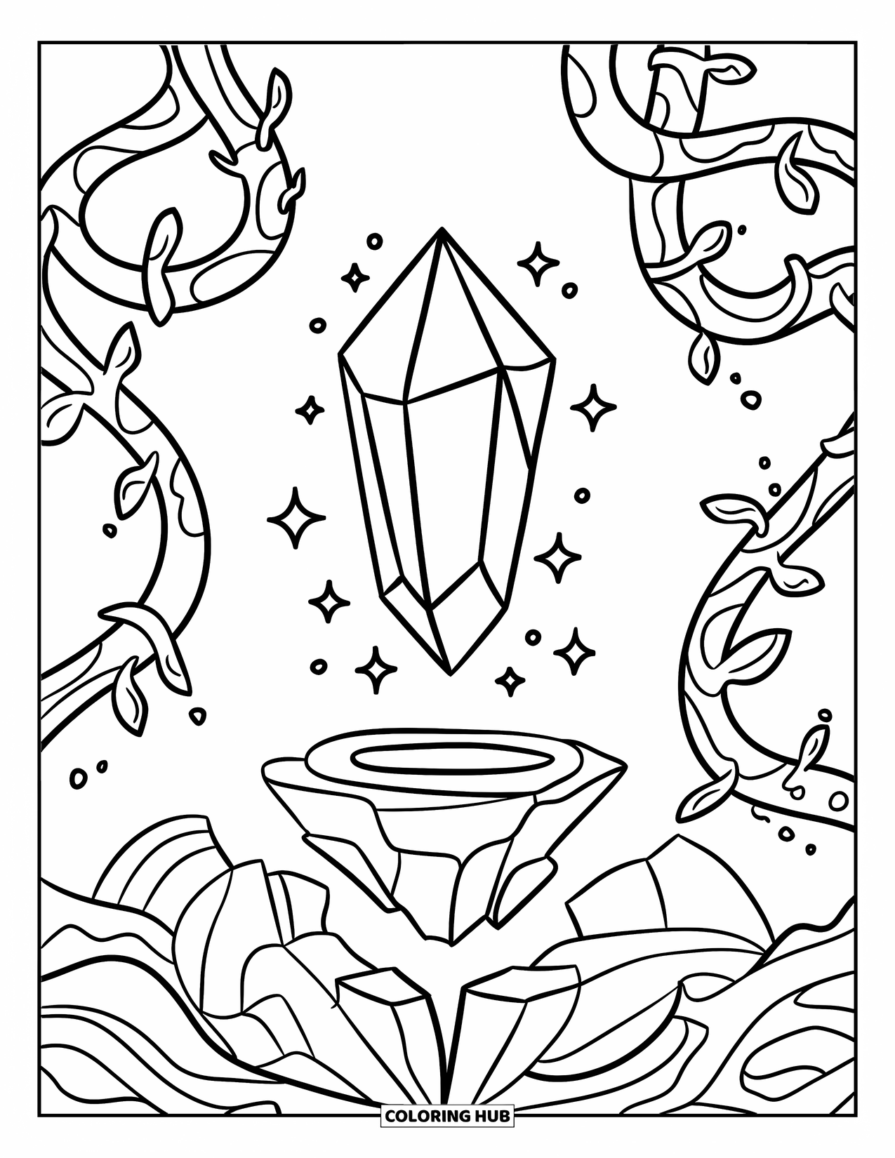 Magic Coloring Page for Kids: A floating crystal encircled by intricate vines and shimmering sparkles