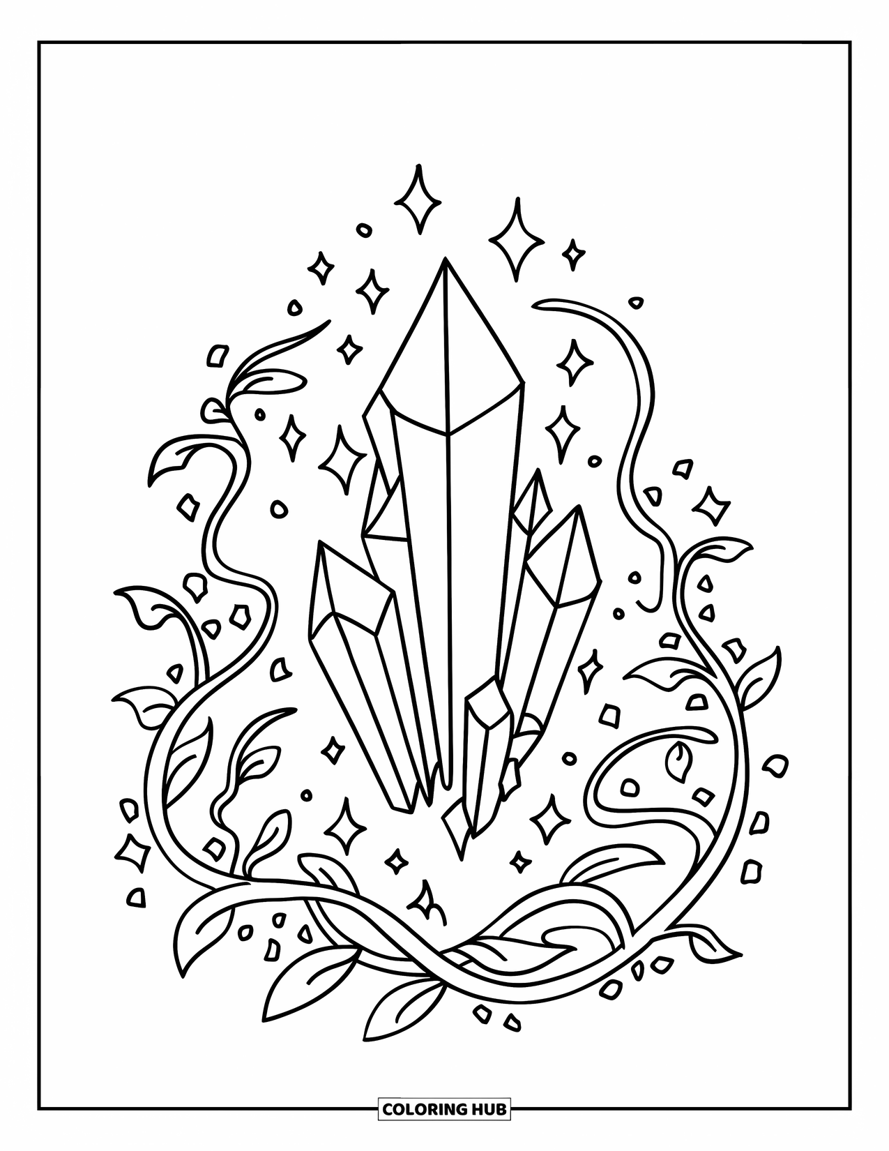 Magic Coloring Page for Kids: A floating crystal with twining vines, leaves, and sparkles creating a magical aura