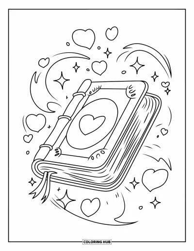 Dibujo de magia para colorear para niños: Un libro de hechizos flotante rodeado de corazones y destellos que irradia un aura mágica