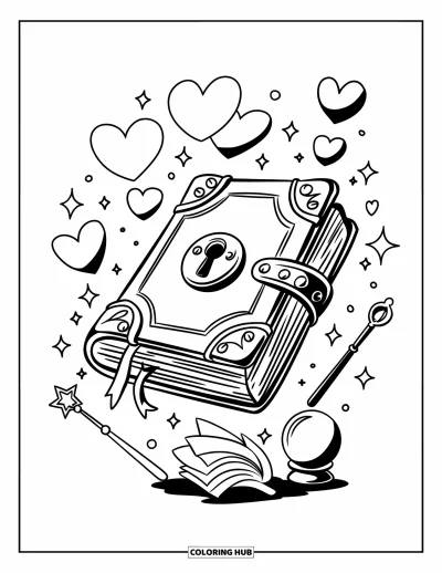 Dibujo de magia para colorear para niños: Un libro de hechizos flotante con cerradura dorada junto a varitas y una bola de cristal