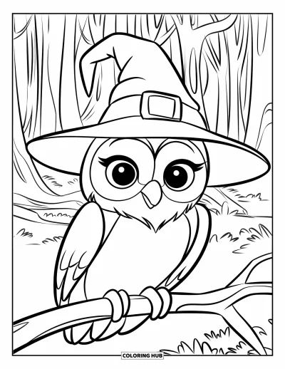 Dibujo de magia para colorear para niños: Un búho apacible con sombrero de mago posado en una rama en un bosque tranquilo