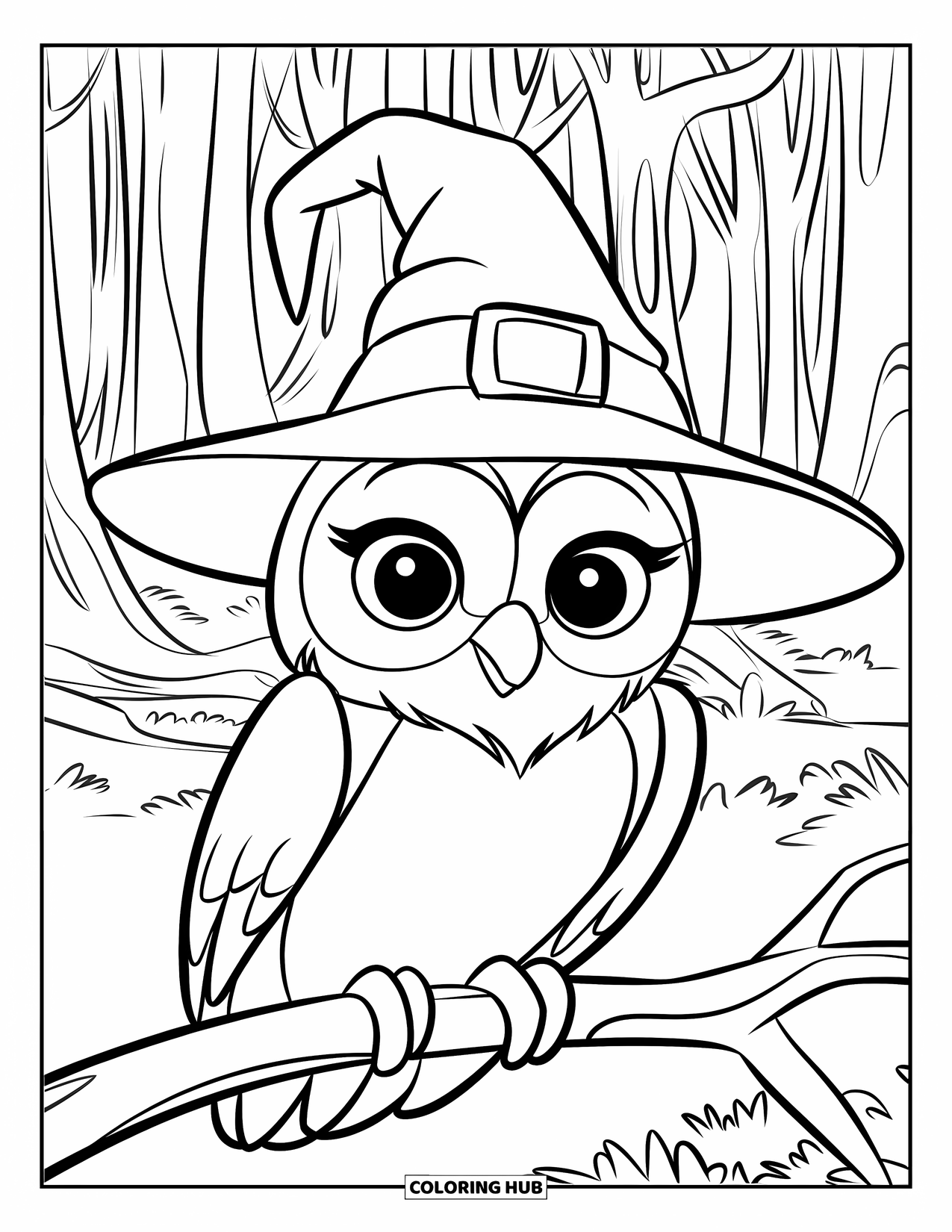 Magic Coloring Page for Kids: A gentle owl in a wizard hat perched on a branch in a quiet forest