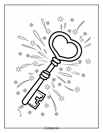 Dibujo de magia para colorear para niños: Una llave mágica con asa en forma de corazón que brilla con rastros de magia reluciente