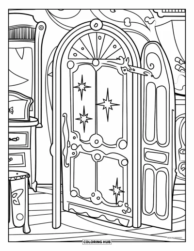 Dibujo de magia para colorear para niños: Una puerta mágica oculta que brilla con símbolos y destellos en una habitación de época
