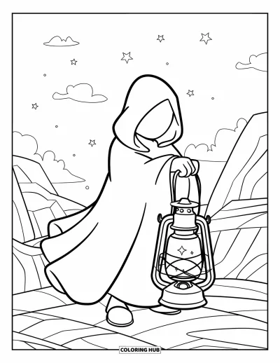 Dibujo de magia para colorear para niños: Una figura encapuchada sobre rocas con una linterna brillante bajo un cielo repleto de estrellas