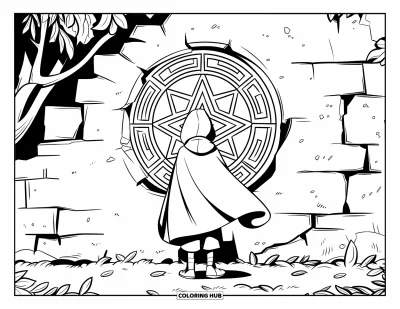 Dibujo de magia para colorear para niños: Un adolescente encapuchado frente a un antiguo sello con patrones en una pared de piedra derrumbada