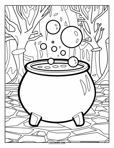 Dibujo de magia para colorear para niños: Un gran caldero burbujeante sobre piedra en un bosque de árboles con forma de huesos