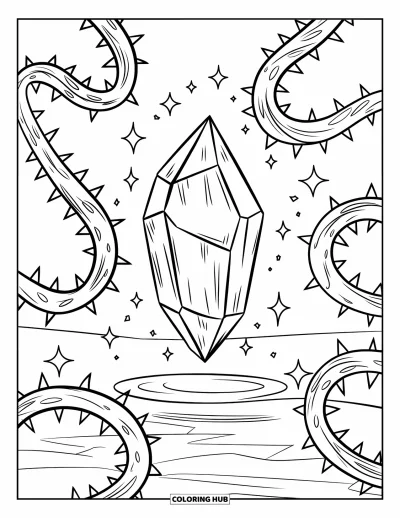 Dibujo de magia para colorear para niños: Un cristal flotante con enredaderas espinosas y destellos mágicos a su alrededor