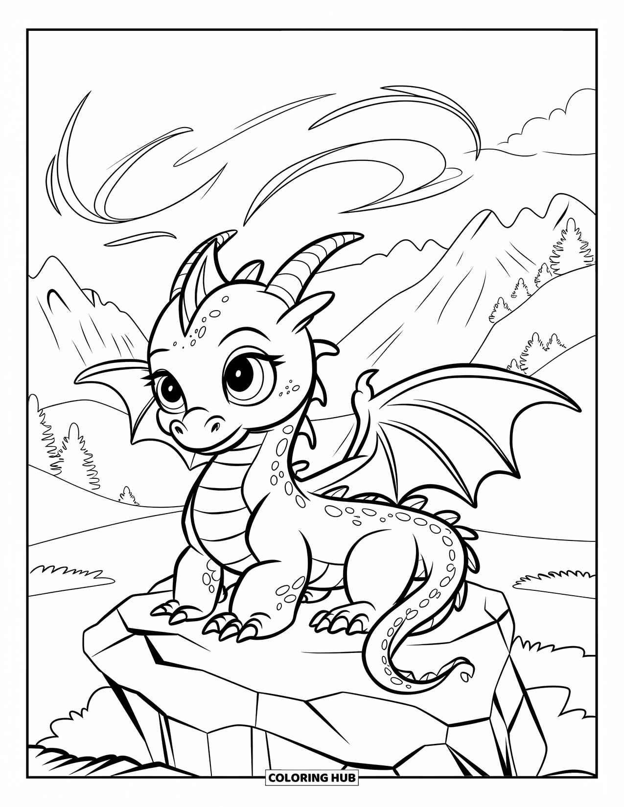 Magic Coloring Page for Kids: A little dragon sits on a rock blowing swirls in a mountain landscape
