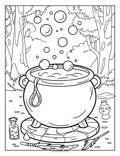 Dibujo de magia para colorear para niños: Un caldero mágico con burbujas que suben e ingredientes de poción esparcidos alrededor