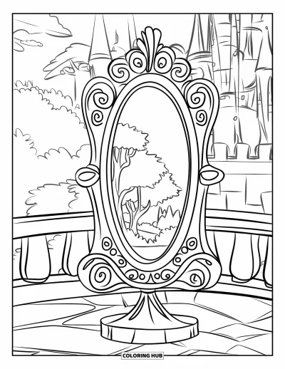 Dibujo de magia para colorear para niños: Un espejo mágico sobre un pedestal de piedra muestra un portal a un bosque flotante frondoso