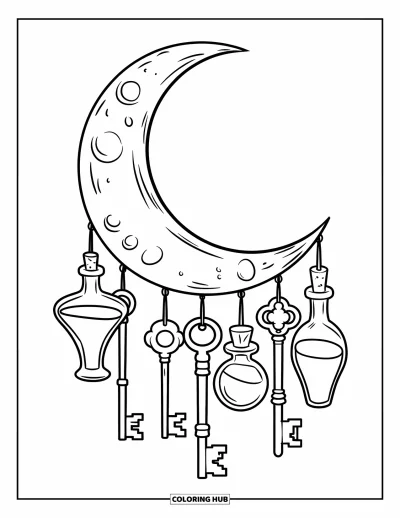 Dibujo de magia para colorear para niños: Una luna con frascos de pociones y llaves colgando, rodeada de estrellas