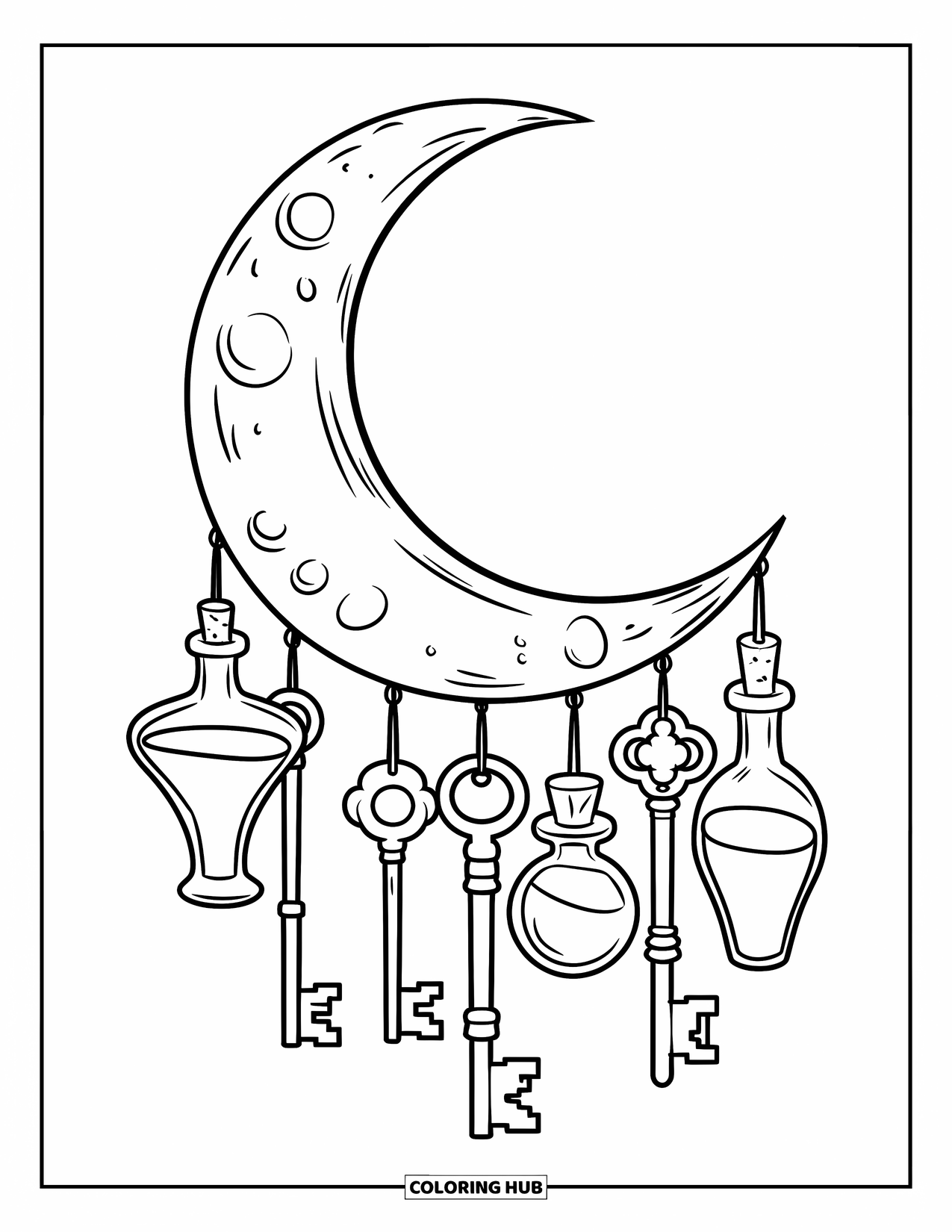 Magic Coloring Page for Kids: A moon with potion bottles and keys hanging beneath it, surrounded by stars
