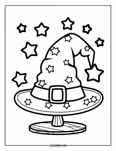 Dibujo de magia para colorear para niños: Un sombrero de mago en un soporte rodeado de estrellas flotantes