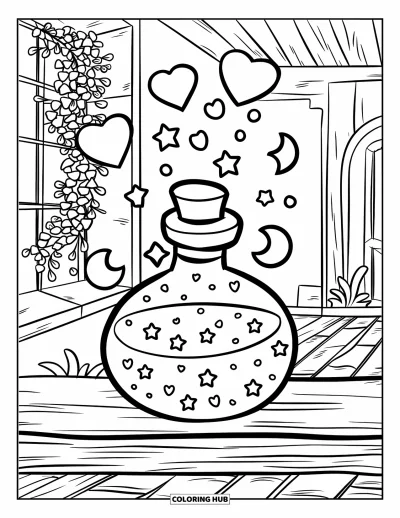 Dibujo de magia para colorear para niños: Un frasco de poción en un estante con corazones, estrellas y lunas flotando cerca