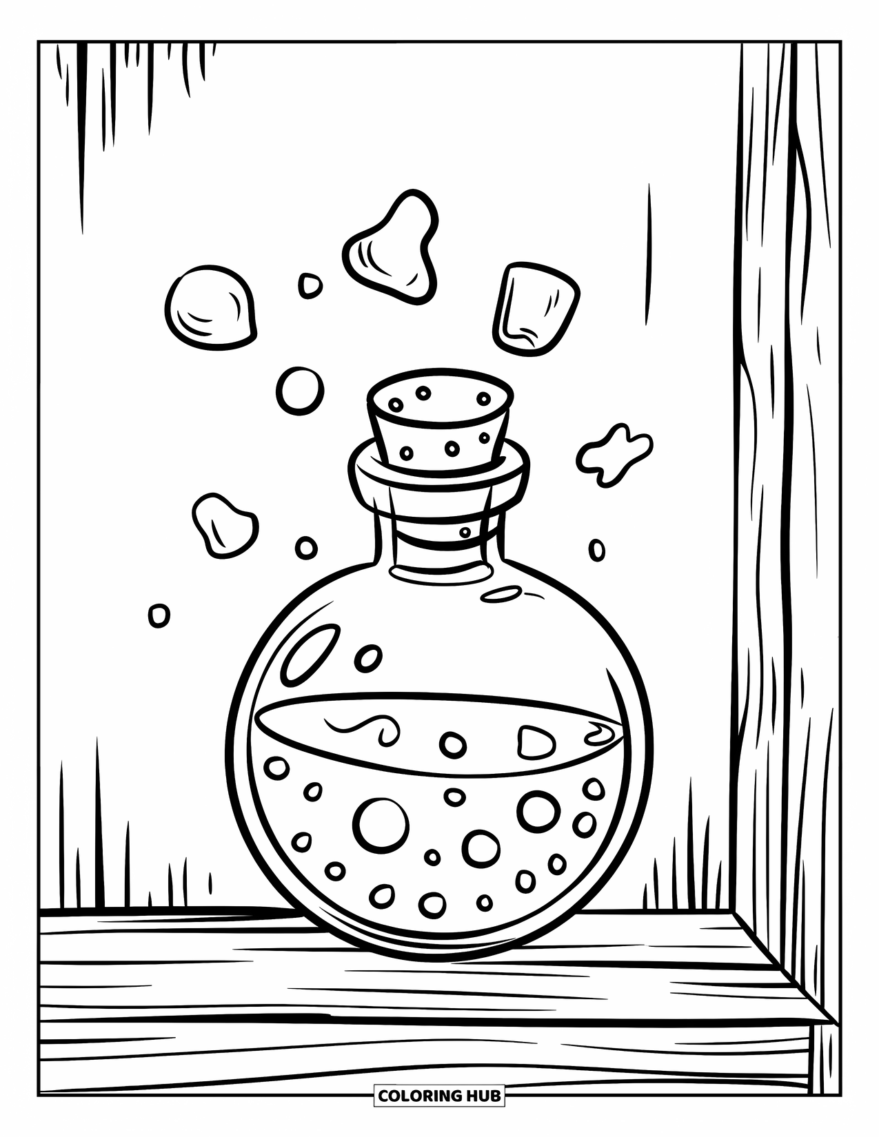 Magic Coloring Page for Kids: A potion bottle on a shelf with floating shapes against a scratched wall