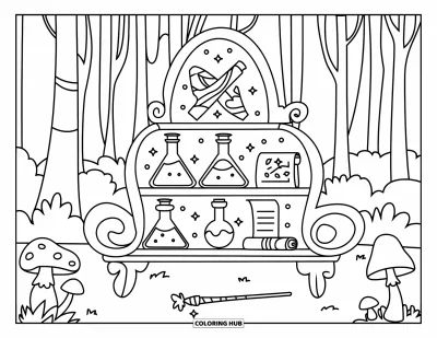 Dibujo de magia para colorear para niños: Un estante de pociones con frascos, pergaminos, setas y destellos en un bosque mágico