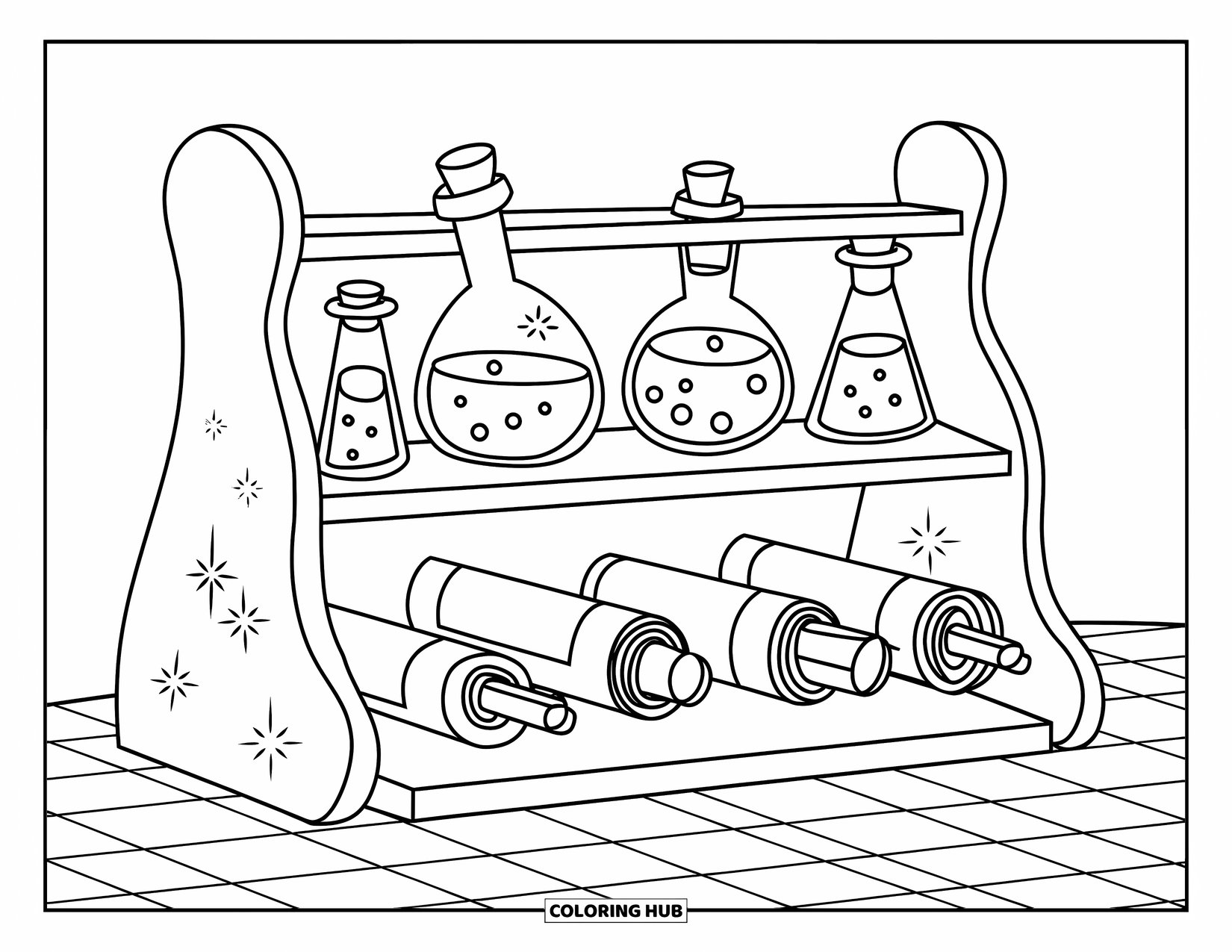 Magic Coloring Page for Kids: A potion shelf with labeled bottles, tied scrolls, and sparkles on a patterned table