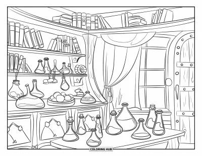 Dibujo de magia para colorear para niños: Un taller de pociones lleno de libros, frascos de vidrio y estantes de madera
