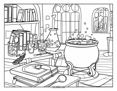 Dibujo de magia para colorear para niños: Un taller de pociones con un caldero burbujeante, herramientas y una vidriera de colores
