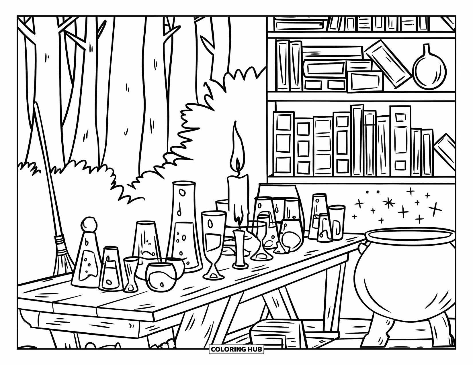 Magic Coloring Page for Kids: A potion workshop with a table of glassware, cauldron, and bookshelf of books