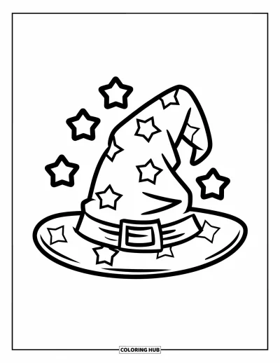 Dibujo de magia para colorear para niños: Un sombrero de mago de ala ancha con seis estrellas flotando sobre él