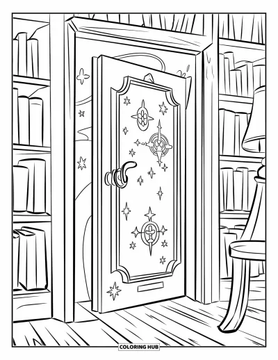 Dibujo de magia para colorear para niños: Una puerta secreta detrás de una estantería que brilla con símbolos mágicos en una habitación acogedora