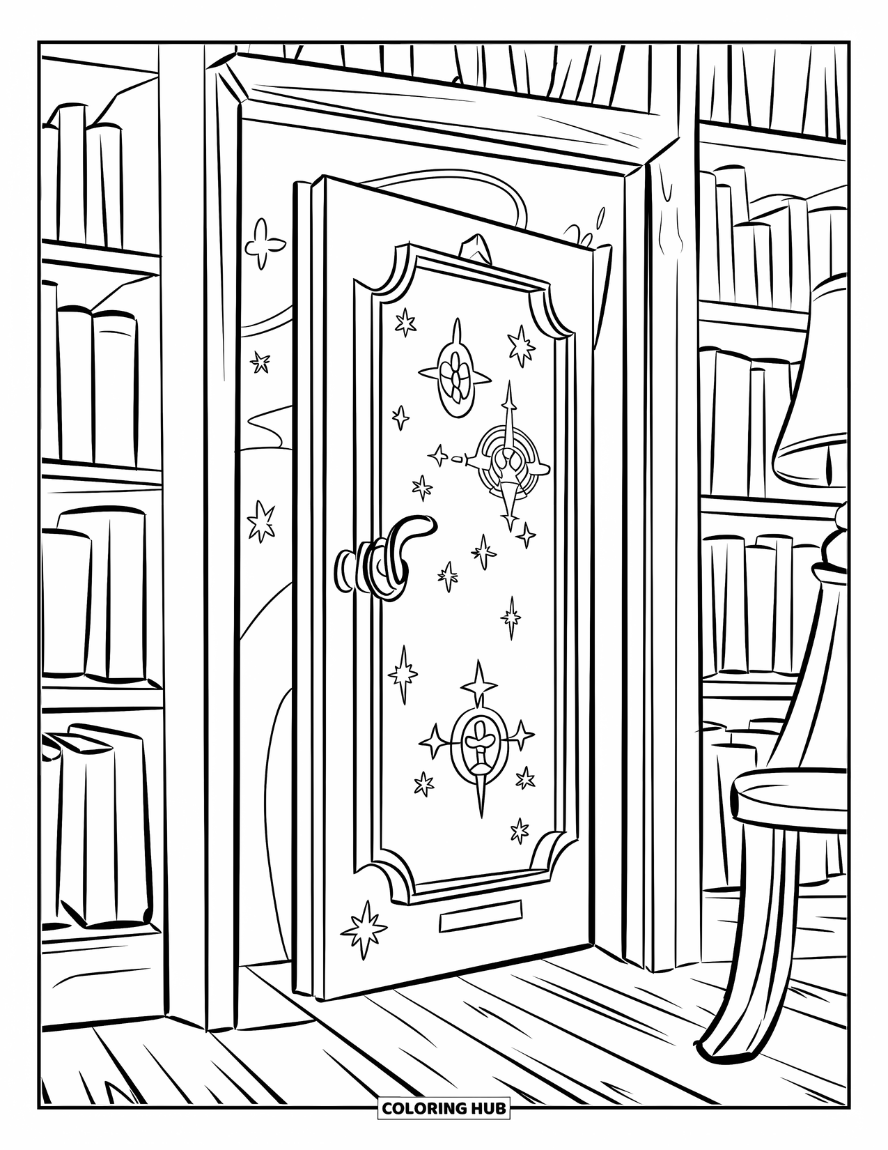 Magic Coloring Page for Kids: A secret door behind a bookcase glowing with magical symbols in a cozy room