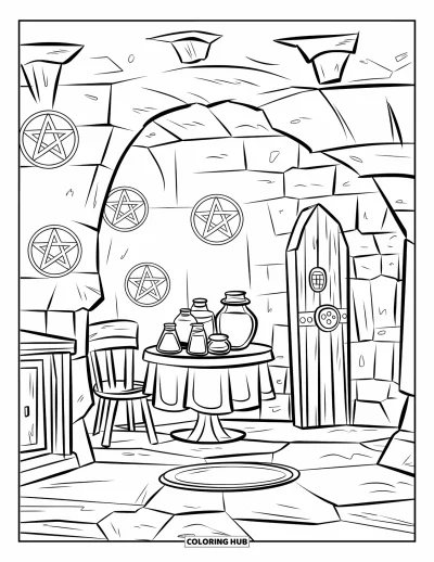 Dibujo de magia para colorear para niños: Una sala subterránea secreta con pociones, sigilos brillantes y una puerta de madera