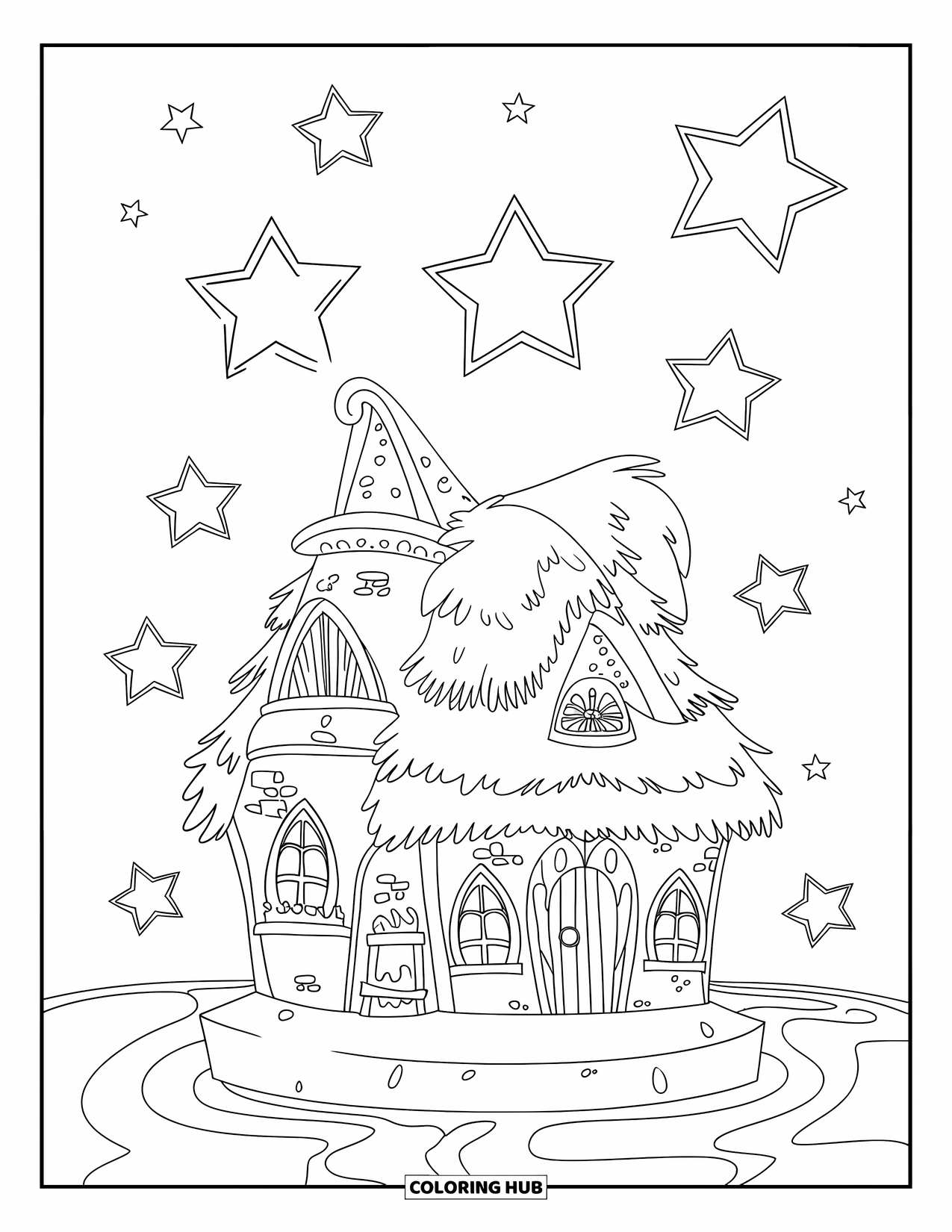Magic Coloring Page for Kids: A small enchanted castle with floating stars above and a surrounding moat