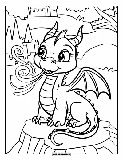 Dibujo de magia para colorear para niños: Un pequeño dragón alado sopla espirales mágicas sentado sobre una roca cerca de un castillo