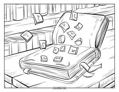 Dibujo de magia para colorear para niños: Un libro de hechizos que se abre solo con letras flotantes en una gran biblioteca
