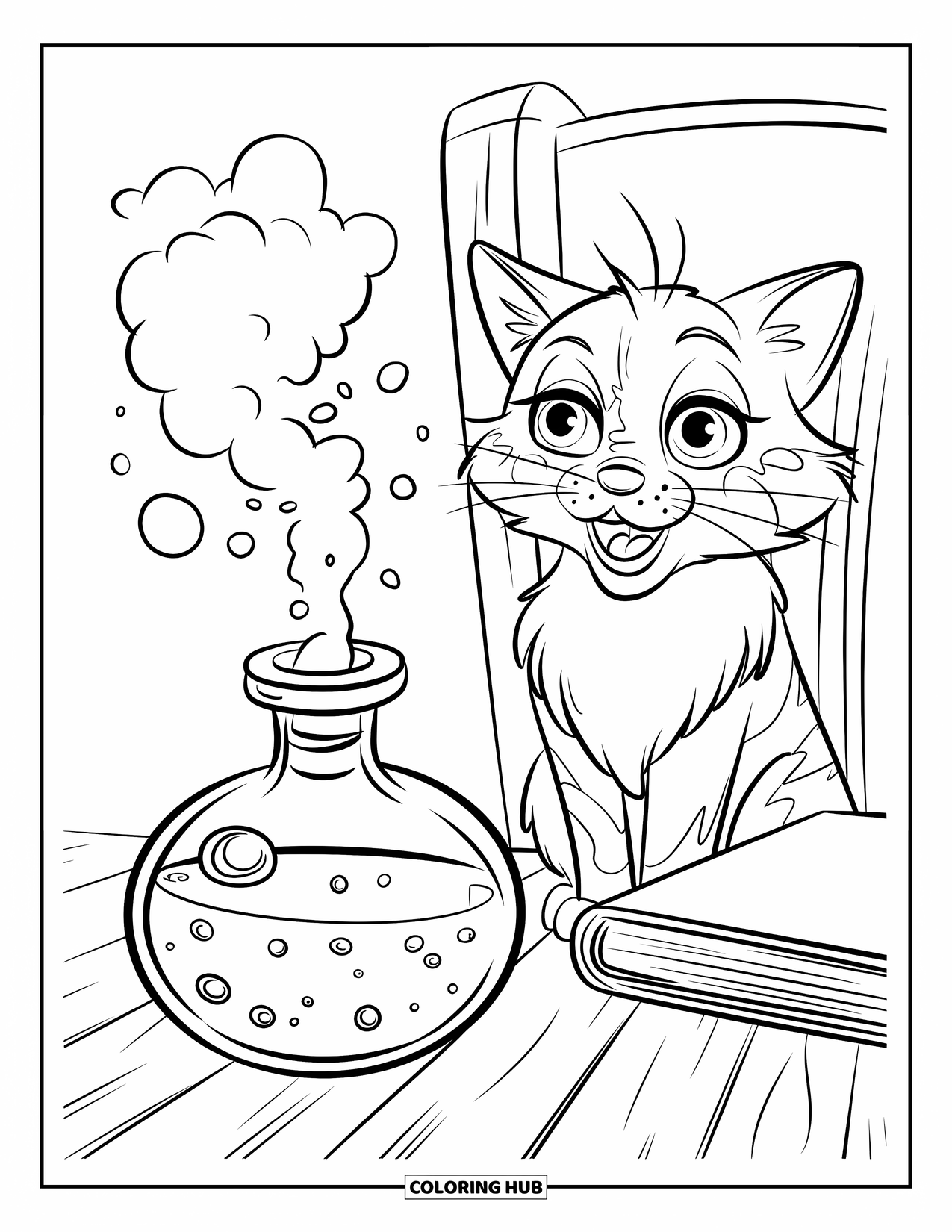 Magic Coloring Page for Kids: A talking cat with a human-like face sits near a potion and book