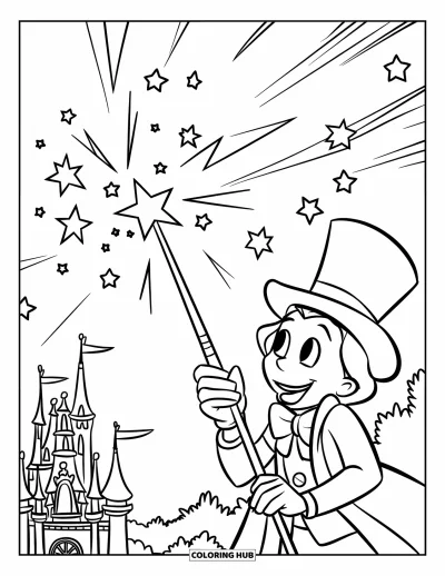 Dibujo de magia para colorear para niños: Una varita sostenida por un personaje lanza estrellas al cielo cerca de un castillo