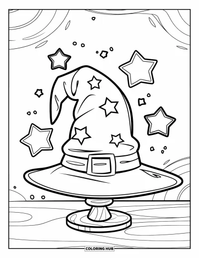 Dibujo de magia para colorear para niños: Un sombrero de mago fantástico con estrellas flotantes sobre un soporte de madera