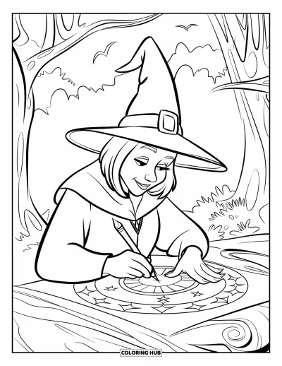 Dibujo de magia para colorear para niños: Una bruja con sombrero y túnica sentada en un bosque dibujando un círculo de hechizo mágico