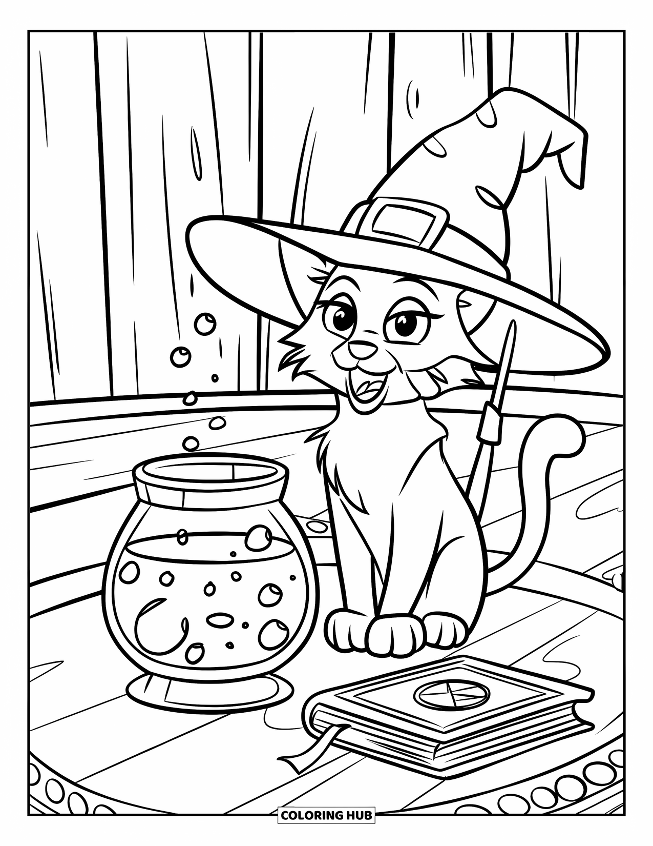 Magic Coloring Page for Kids: A wizard cat with a wand sits by a bubbling potion and a spellbook
