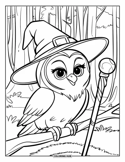 Dibujo de magia para colorear para niños: Un búho con sombrero de mago sobre una rama con un bastón mágico en un bosque