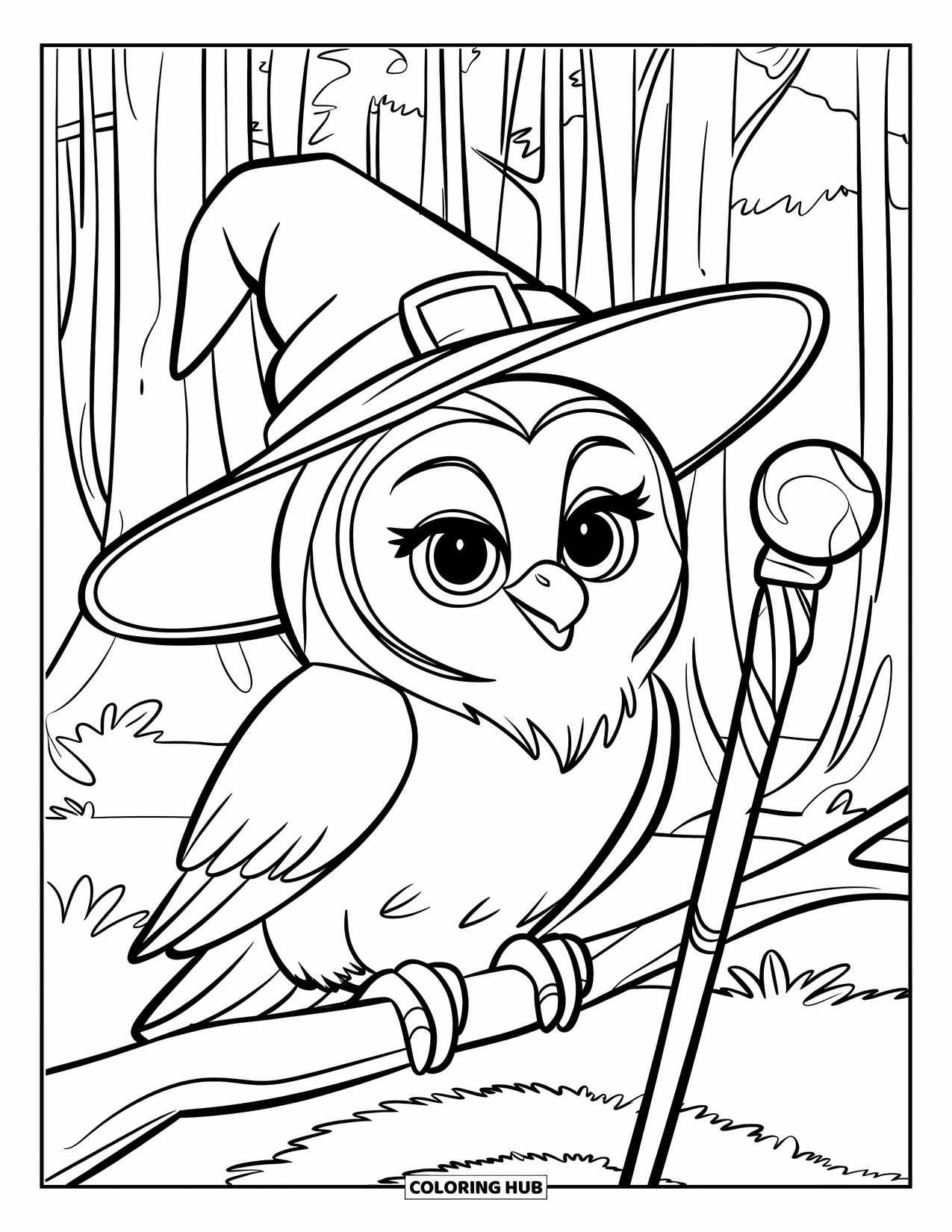 Magic Coloring Page for Kids: A wizard-hatted owl on a branch with a magical staff in a forest