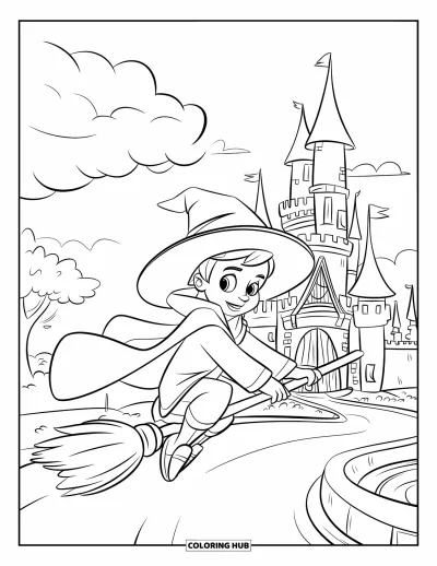 Dibujo de magia para colorear para niños: Un joven hechicero vuela en escoba frente a un castillo con torres y foso