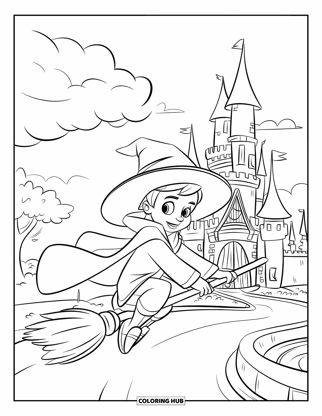 Magic Coloring Page for Kids: A young sorcerer rides a broomstick past a castle with towers and a moat