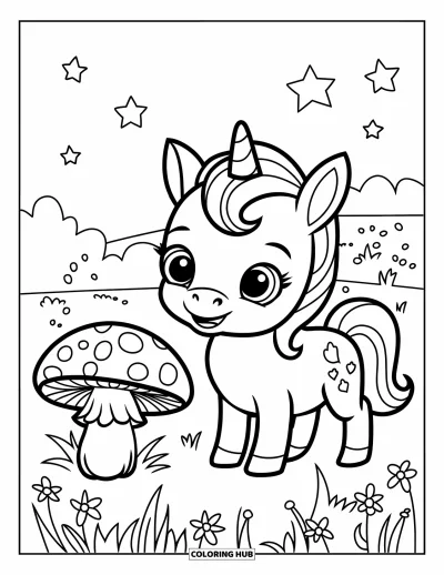 Dibujo de magia para colorear para niños: Un adorable unicornio bebé con corona junto a una seta bajo un cielo estrellado
