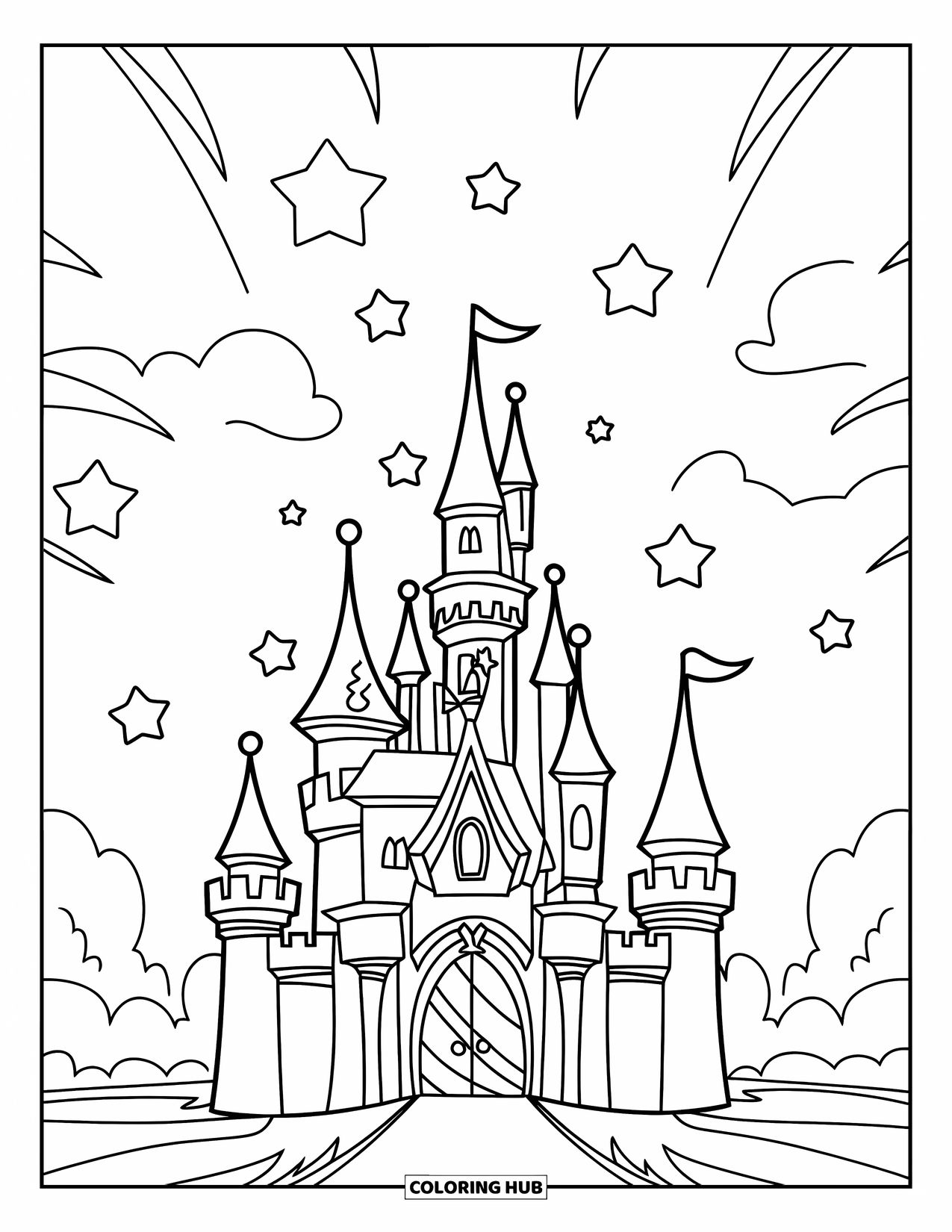 Magic Coloring Page for Kids: An enchanted castle with towers, a moat, and stars shining above