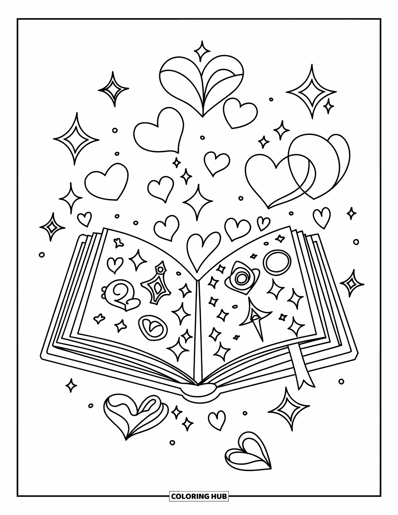 Magic Coloring Page for Kids: An open spellbook with magical symbols floats surrounded by hearts and glowing sparkles