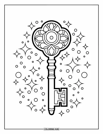 Dibujo de magia para colorear para niños: Una elaborada llave mágica con patrones intrincados rodeada de destellos relucientes