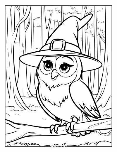 Dibujo de magia para colorear para niños: Un búho con sombrero de mago descansando en una rama entre árboles altos