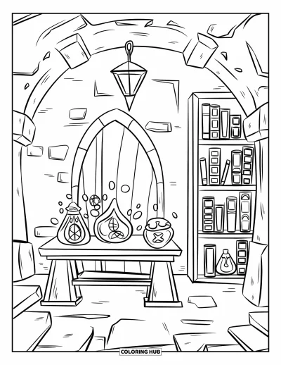 Dibujo de magia para colorear para niños: Una sala subterránea con sigilos brillantes, frascos de poción, estanterías y una linterna colgante