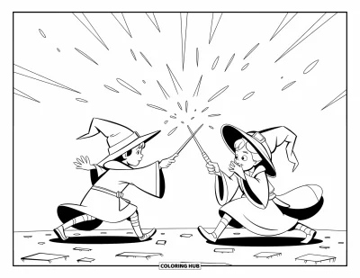 Dibujo de magia para colorear para niños: Dos magos dulan con varitas mientras saltan chispas sobre un suelo de piedra